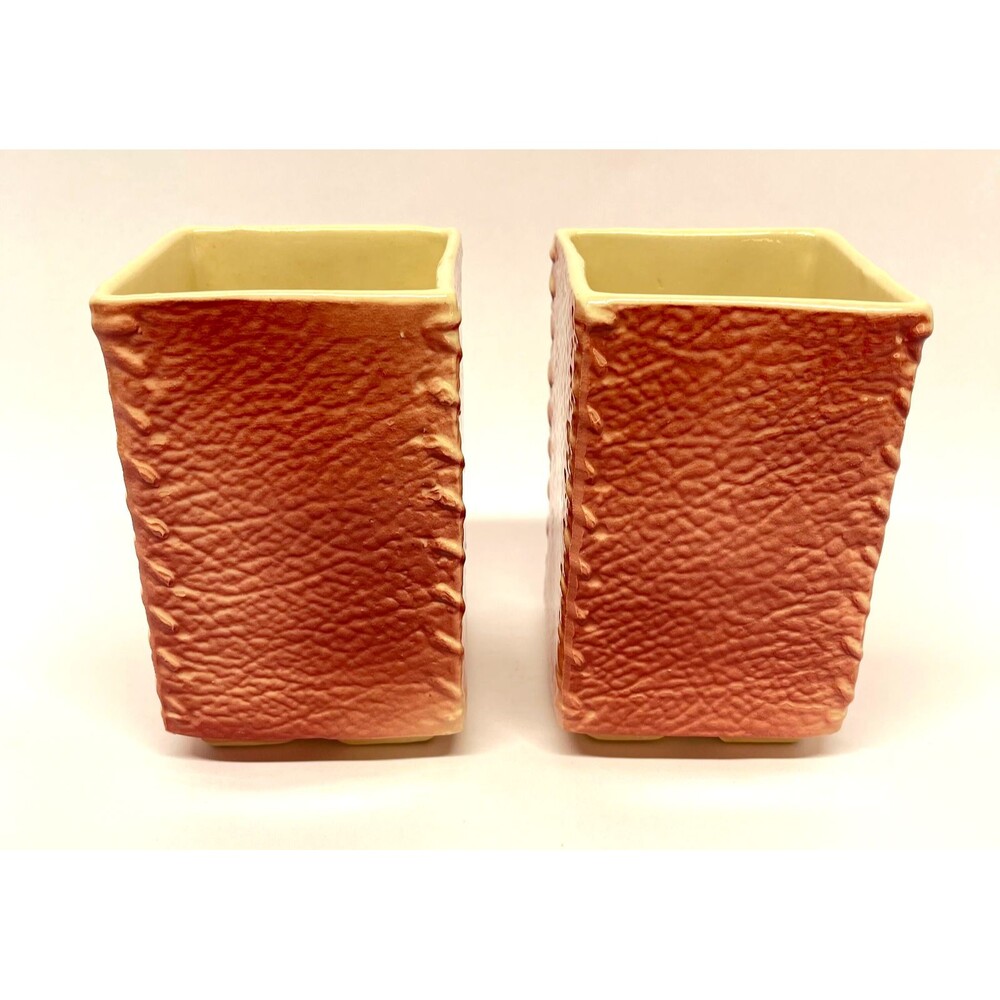 Pair Shawnee Pottery Vases/Planters USA 885 1950s Pink Faux Laced Leather 5” MCM